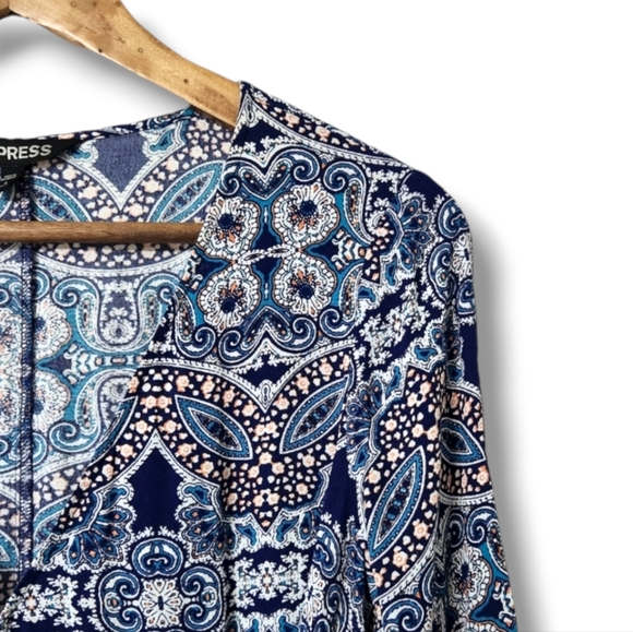 Express Boho Mandala Print V-Neck 3/4 Sleeve Wrap Dress  | Small - Picture 3 of 9